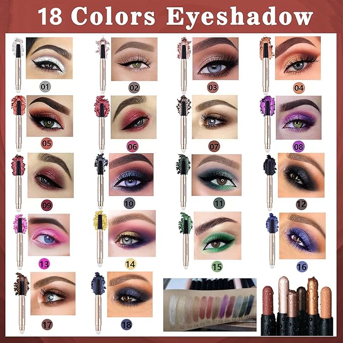 Blue Eyeshadow Stick Makeup, Highlighter Matte Cream Eye Shadow Pencil, Waterproof Hypoallergenic Long Lasting Crayon, Glitter Primer Palette Shimmer Eyeliner Pen wiht Soft Brush
