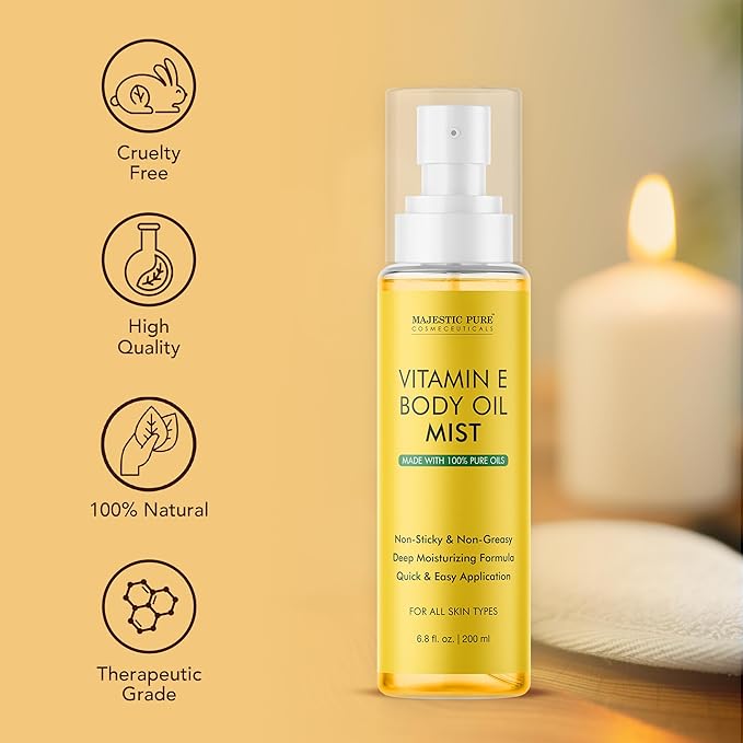 Majestic Pure Vitamin E Oil Body Mist- 100% Pure & Natural - After Shower Body Oils for Women and Men - Scented, Radiant, Skin Therapy Firming Massage Oil - 6.8 Fl Oz