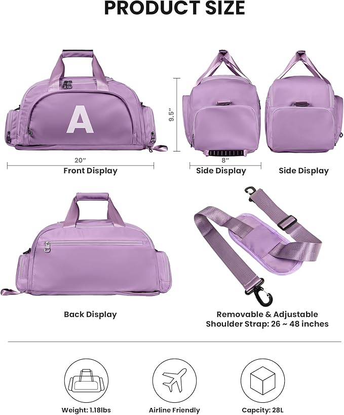 Teenager Girl Gifts Ideas, Initial Gym Bags with Shoe Compartment, Dance Bag for Girls, Monogram Kid Overnight Bags, Travel Duffle Tote-Thoughtful Gift Idea for Her(Letter L)