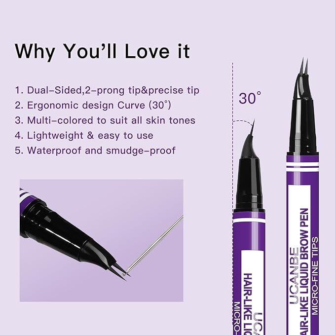 UCANBE Curved Eyebrow Pencils for Women with Spoolie Brush,Dual-Ended Eyebrow Pen with 2-Fork-Tip&Precise Brush-Tip,Microblading Brow Pen for Hair-Like Brows,Waterfool, Long Lasting,Light Brown
