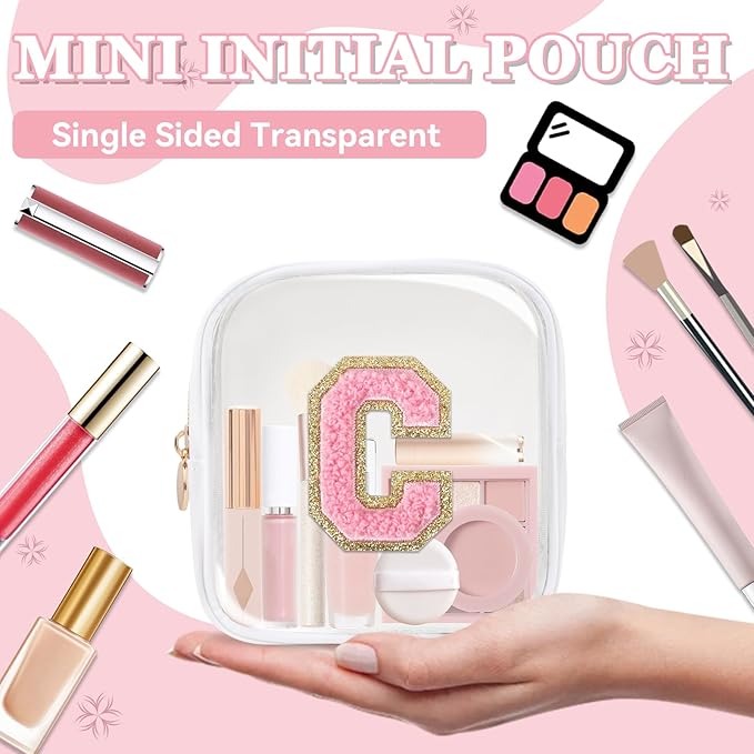 Mini Clear Personalized Initial Makeup Bag,Nylon Preppy A-Z Chenille Letter Patch Zipper Cosmetic Bag, Small Cute Beach Pouch Travel Purse Sanitary Napkin Storage Bag for Women Girls(White-Pink C)