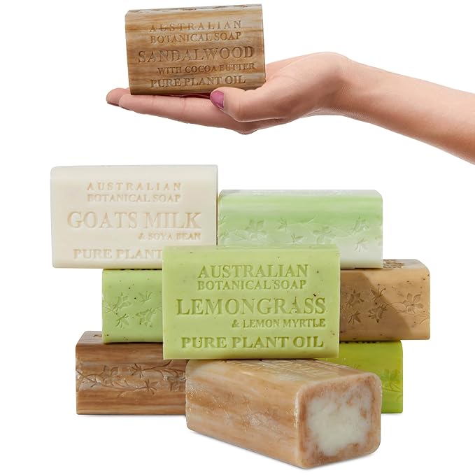 Australian Botanical Goat Milk Soap, 6.6 OZ Bars Eucalyptus, Sandalwood, Coconut, Oat Milk, Aloe Vera, Lemongrass, and Tea Tree, Goat Soap Enriched with Organic Shea Butter, Variety Pack of 8