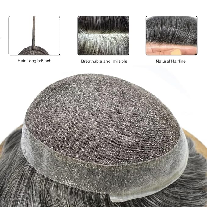 FACE MIRACLE Hair System for Men French Lace Mens Toupee Human Hair Replacement System Lace with PU Toupee for Men Male Hair Piece Wigs 7"X9" #1B60 Off Black with 60% Gray