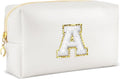 Gifts for Girls Initial Makeup Bag Personalized Cosmetic Bag with Zipper Cute Travel Toiletry Bags Waterproof PU Preppy Makeup Pouch Birthday Gift for Teen Girls Women(White A)
