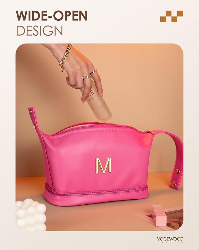 Gifts for Women 50s, Personalized Makeup Bag with Handle, Initial Double Layer Cosmetic Bag with Makeup Brush Organizer, Cute Cosmetic Pouch for Women, Gifts for Friends Female Mom