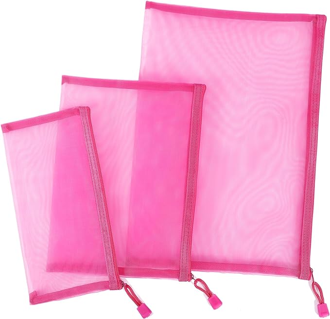 12 Pieces Zipper Nylon Mesh Pouch, Mesh Cosmetic Bags Makeup Bags Pencil Case, Multipurpose Travel Bags for Cosmetic School Office Supplies and Travel Accessories (Hot Pink, Assorted Sizes)