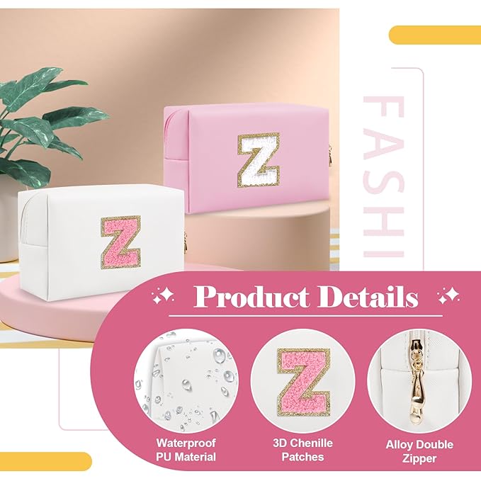 Personalized Makeup Bag Initial A-Z Preppy Patch Bag,Small PU Leather Travel Cosmetic Bag Pouch with Zipper,White Cute Toiletry Bag,Gift Ideal for Teen Girls Women Birthday Friend Mom,Letter Z