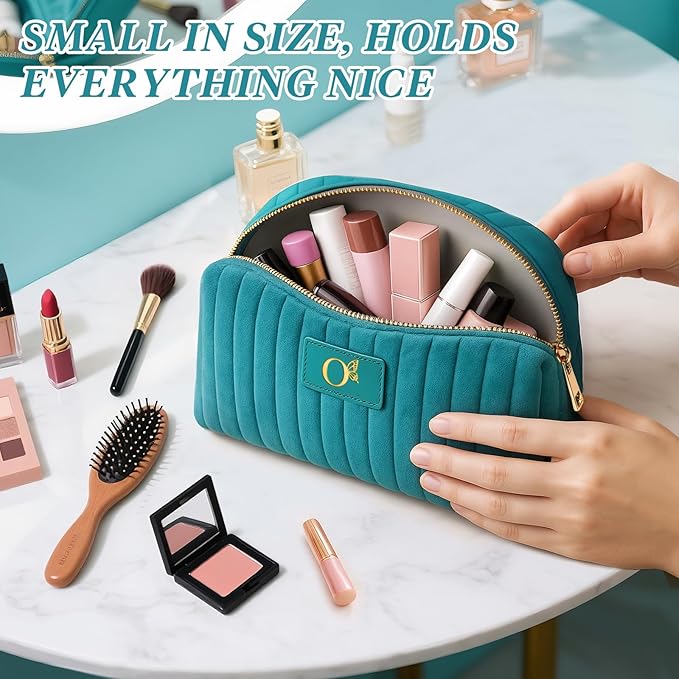 Monogrammed Make Up Bags for Women,Personalized Cosmetic Bags Women,Small Quilted Makeup Pouch,Cute Makeup Bag Travel,Birthday Gifts for Teen Girl (Blue O)