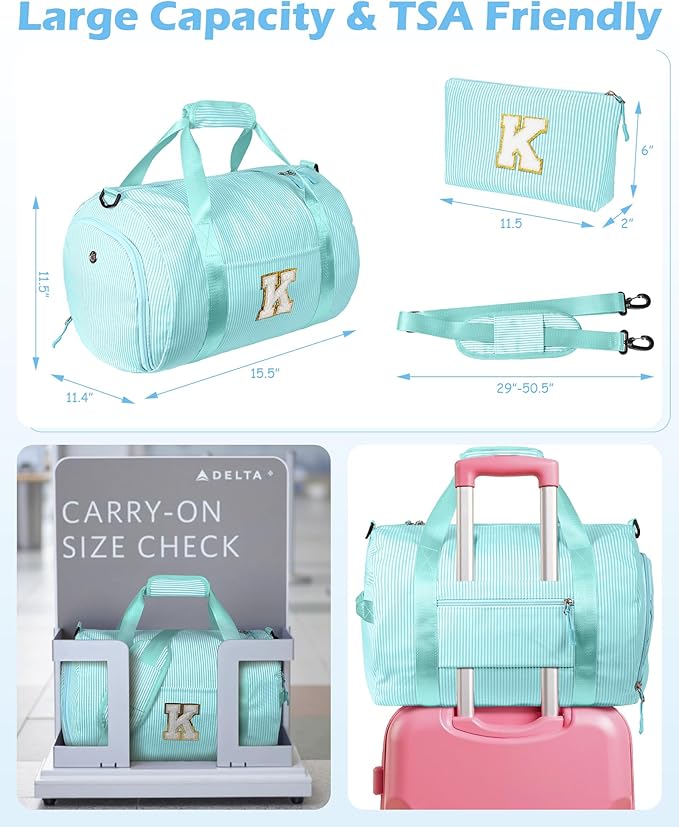 Gift for Preteen, Girls Travel Duffle Bag, Kids Initial Overnight Bags with Shoe Compartment, Personalized Weekend Bag with Cosmetic Pouch, 10 Year Old Girl Birthday Gifts (Letter T)