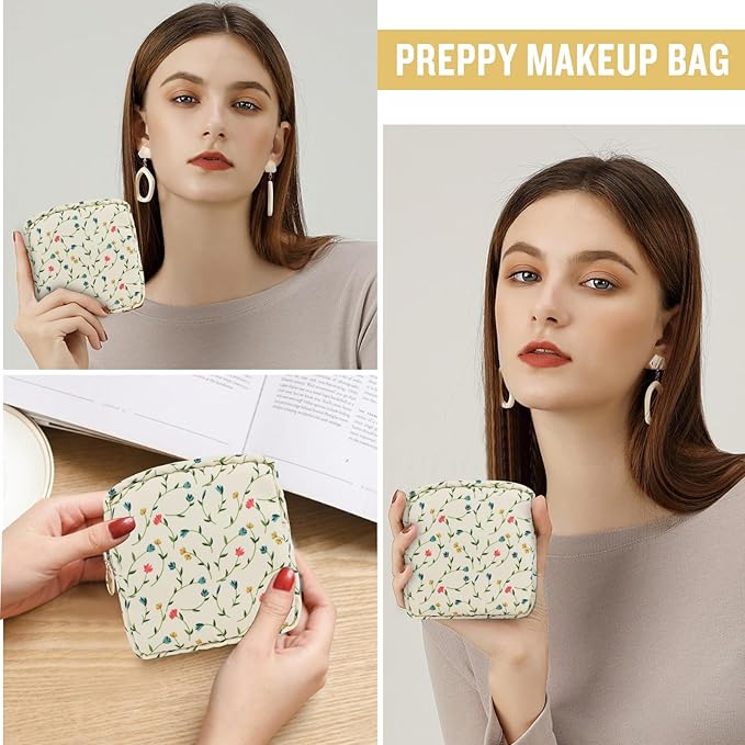 Nylon Small Floral Makeup Bag for Purse, Cute Preppy Makeup Bag Cosmetic Zipper Pouch Purse, Waterproof Portable Travel Toiletry Makeup Brush Bag Organizer Storage for Women Girls(Light Yellow-Flower)