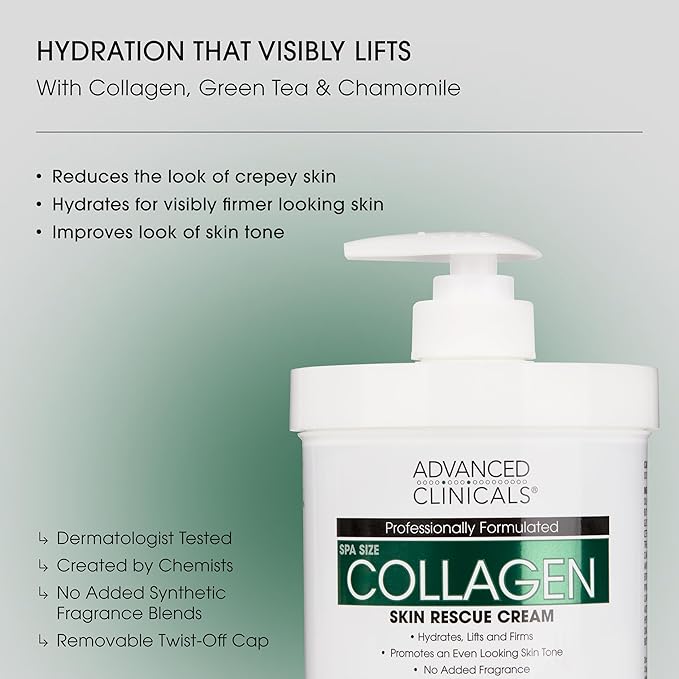 Advanced Clinicals Unscented Collagen Cream Face Moisturizer & Body Lotion + Collagen Body Oil Skincare 2pc Set For Women & Men Helps Reduce Appearance Of Crepey Skin, Wrinkles, & Dry Skin, 2PC Set