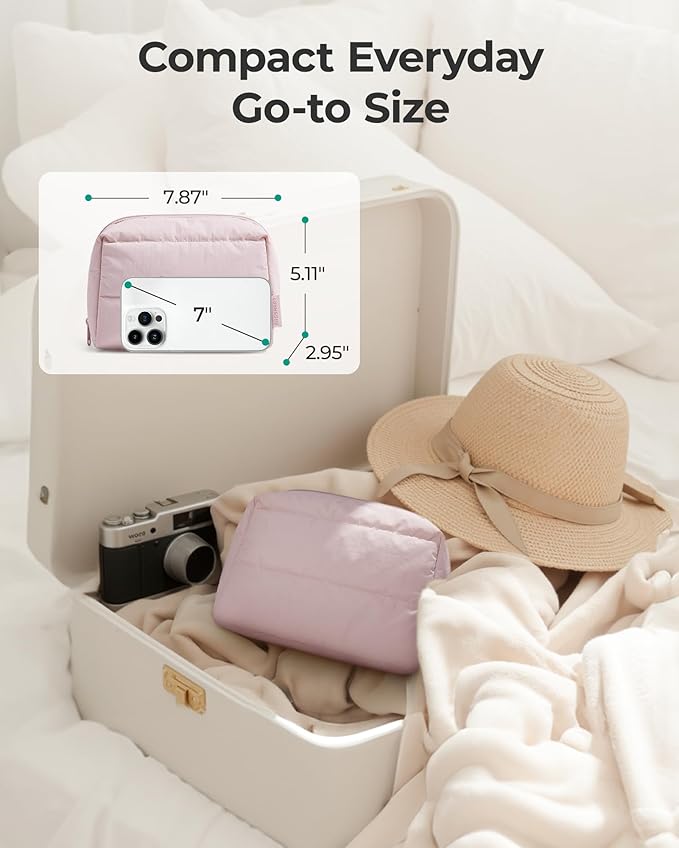 BAGSMART Puffy Makeup Bag, Wide Opening Cosmetic Bag Compact & Spacious, Water-Resistant Travel Organizer Pouches for Women (Camel)