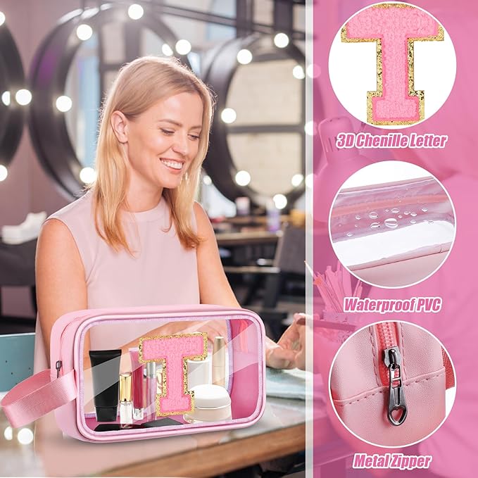 Initial Makeup Bag,Letter T Cute Clear Monogrammed Cosmetic Travel Bag for Womens Girls,Personalized Pink Aesthetic Traveling Make Up Organizer Bag for Beach,Waterproof Toiletry Bag