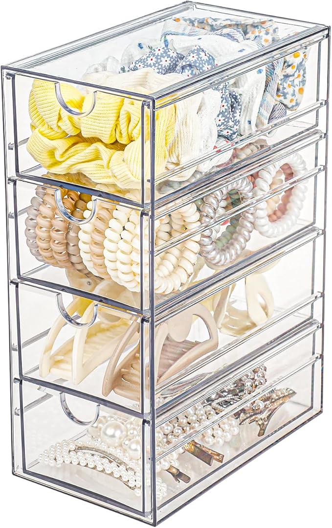FABROK Clear Hair Accessory Organizer Box with 4 Drawers, Compact Storage Organization Drawers Set for Cosmetics, Glasses, Stationery, Stackable Storage Containers Box for Bathroom, Closet, Desk, Office