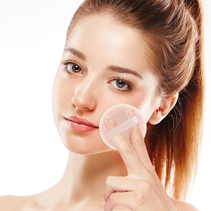Sibba Loose Powder Puff 12 Pieces Round Velour Face Makeup Compact Body Container Setting Pressed Blending Foundation Cream Make Up Ribbon Strap Sponge Cushion Applicator (Skin Color)