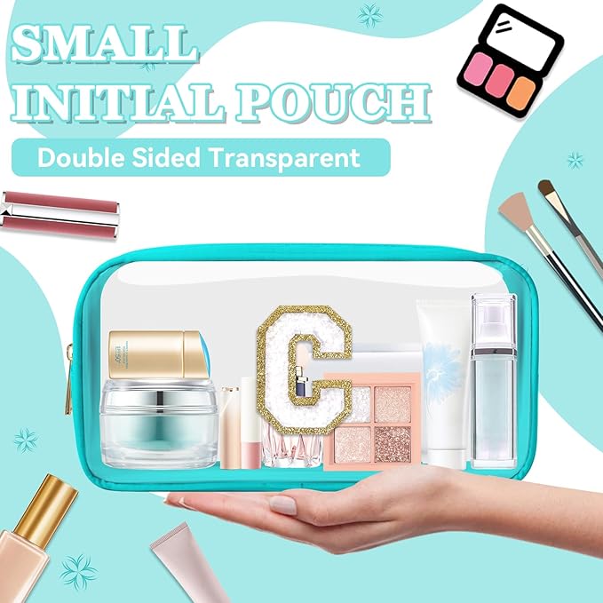 Small Clear Personalized Initial Makeup Bag,Nylon Preppy A-Z Chenille Letter Patch Cosmetic Pouch Beach Toiletry Bag,Waterproof Zipper Travel Purse Storage Bag Organizer for Women Girls(Cyan-White C)