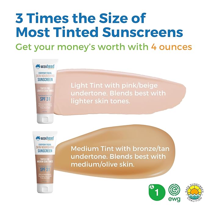 Waxhead Tinted Mineral Sunscreen for Face – Sheer Glow BB Cream Moisturizer with SPF 31, Non-Nano Zinc Oxide, Unscented, Non‑Comedogenic Mineral Facial Sunscreen, Wear under Makeup (Medium Tint 4oz)