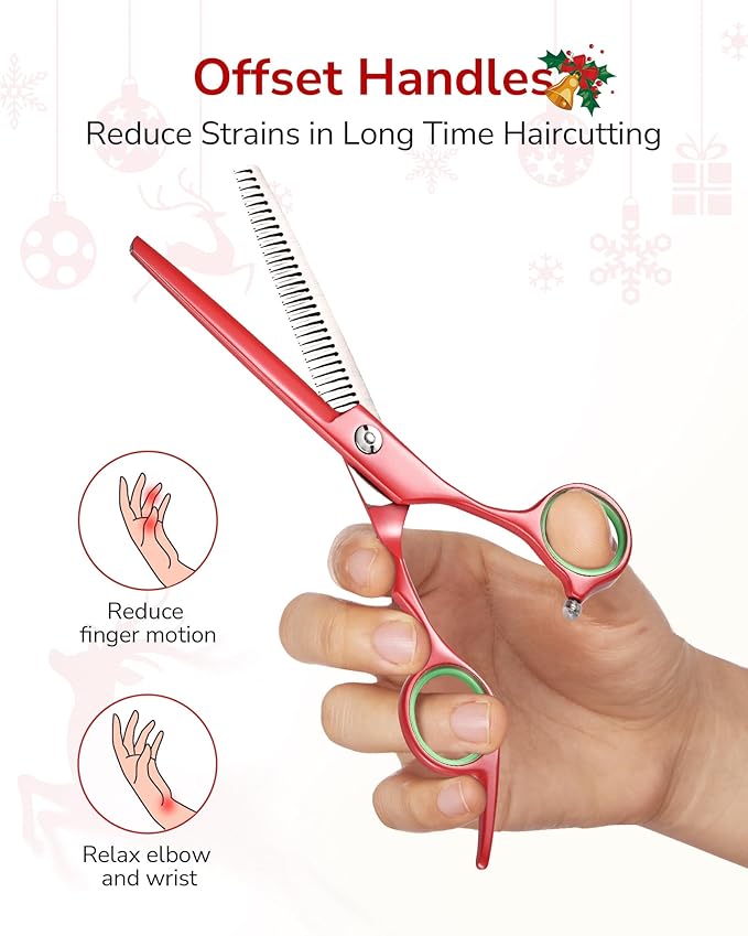 ULG 6.5" Hair Thinning Scissors, Japanese Stainless Steel, Professional Texturizing Shears, Barber’s 30-Tooth Blending Thinner for Stylist & Home Use, Christmas Gifts for Women Men Family Red