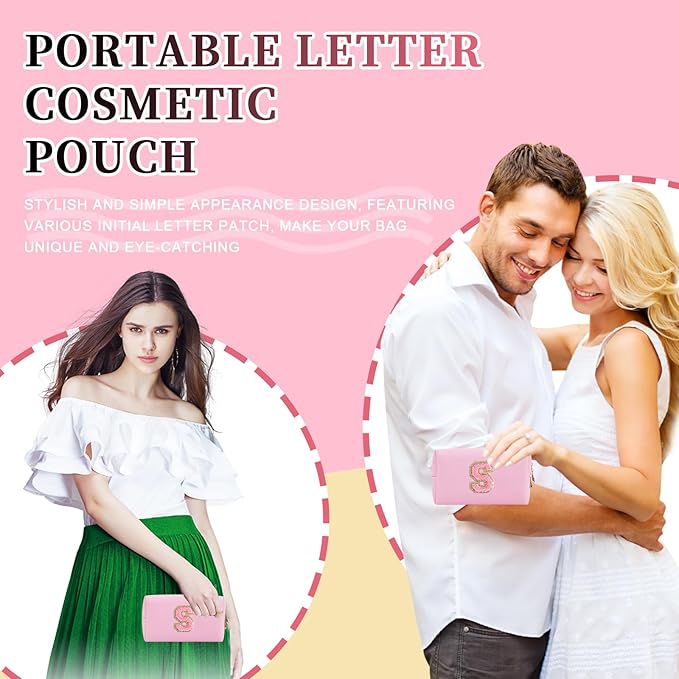 Iqimott Personalized Initial Letter Patch Makeup Bag, Preppy Small Chenille Letter Cosmetic Bag with Zipper, PU Leather Waterproof Travel Toiletry Bag Monogram Make Up Pouch for Women Girls(Letter S)