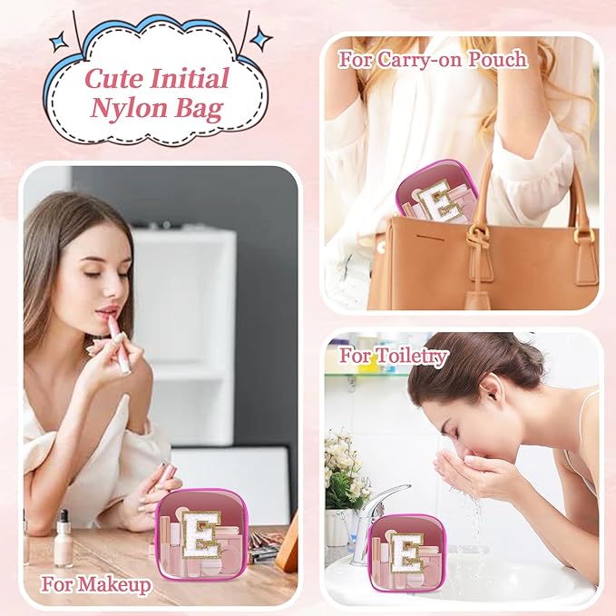 Mini Clear Personalized Initial Makeup Bag,Nylon Preppy A-Z Chenille Letter Patch Zipper Cosmetic Bag, Small Cute Beach Pouch Travel Purse Sanitary Napkin Storage Bag for Women Girls(Hot Pink-White E)