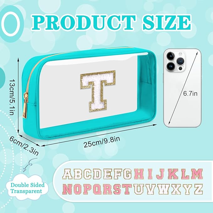 Small Clear Personalized Initial Makeup Bag, Preppy Nylon A-Z Chenille Letter Patch Makeup Organizer TSA Approved Travel Toiletry Bag,Waterproof Zip Beach Cosmetic Pouch Purse for Women(Cyan-White T)