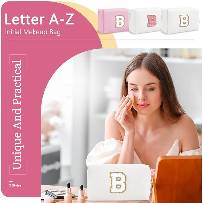 Small Personalized Initial A-Z Preppy Patch Makeup Bag,White PU Chenille Letter Travel Cosmetic Pouch with Zipper,Cute Toiletry Bag,Gift Ideal for Teen Girls Women Teacher Bridesmaid,Letter B