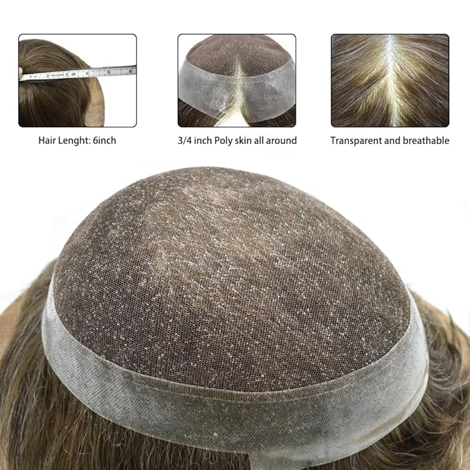 Mens Toupee Human Hair Piece French Lace Toupee for Man Hair System Indian Human Hair Replacement Systems V-Looped PU Front Hairpieces 8"X10" #530 5# MEDIUM LIGHT BROWN WITH 30% SYNTHETIC GREY