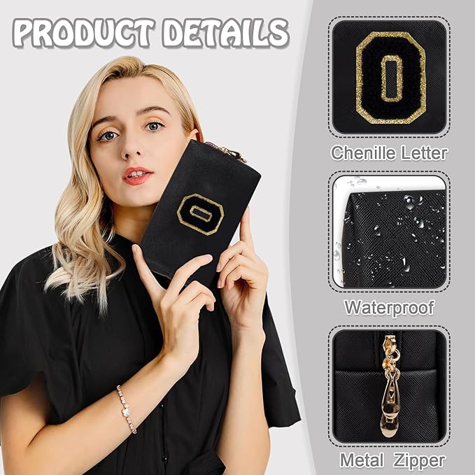 Small Cute Initial Preppy Makeup Bag, Personalized Black Cosmetic Zipper Pouch Chenille Letter Toiletry Bags for Traveling, Waterproof PU Makeup Organizer Travel Essentials for Sister Friend(Letter O)