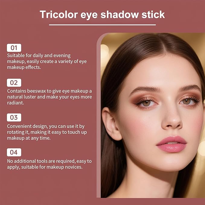 3 Color Eyeshadow Stick, Long Lasting & Waterproof Creamy Eye Shadow, with Vitamin E Makeup for Day & Night Look, caffeine orange, 1.13 Oz (Glittering rose)