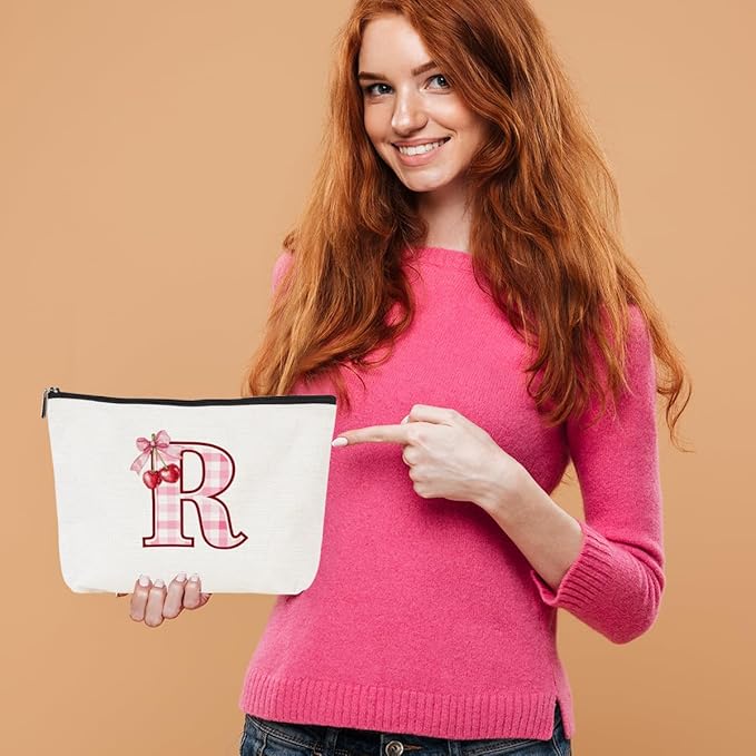 Initial Makeup Bag Monogram Cosmetic Bag Monogrammed Gifts for Women Girls Friends Coworker Manager Personalized Travel Toiletry Bag Christmas Bridal Shower Wedding Bridesmaid Gifts, Cherry R