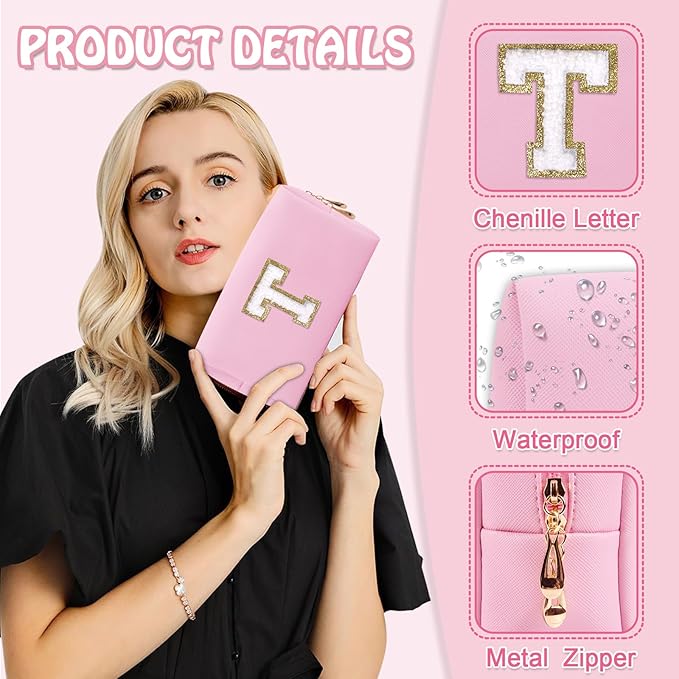 Personalized Small Travel Preppy Makeup Bag, Chenille Letter Pink Cute Makeup Bag Initial Cosmetic Pouch Toiletry Organizer, PU Leather Waterproof Makeup Storage Teacher Appreciation Gifts(Letter T)