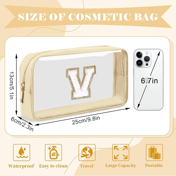 Personalized Initial Letter Clear Makeup Bag,Preppy Small Nylon&PVC Cosmetic Zipper Bag with Chenille Letter,Portable Beach Travel Skincare Toiletry Bag,Trendy Monogram Gift for Teen Girls Women,V