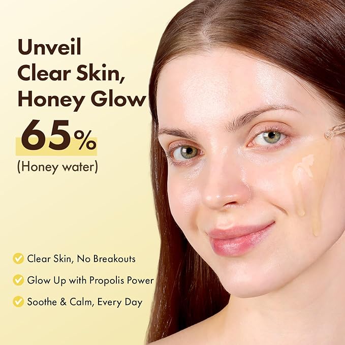 TOSOWOONG Honey Glow 65% Propolis Serum, Hyaluronic Acid, Kojic Acid, Niacinamide, Hydrating Facial Soothing Moisturizer for Irritated Uneven Skin Tone, Glass Skin, Korean Skin Care, 33ml, 1.11 fl.oz.