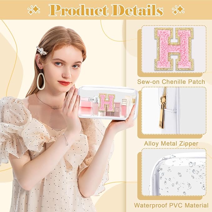 Personalized Initial Letter Clear Makeup Bag,Preppy Small Nylon&PVC Cosmetic Zipper Bag with Chenille Letter,Travel Skincare Toiletry Bag,Monogram Christmas Gift for Teen Girls Women,H