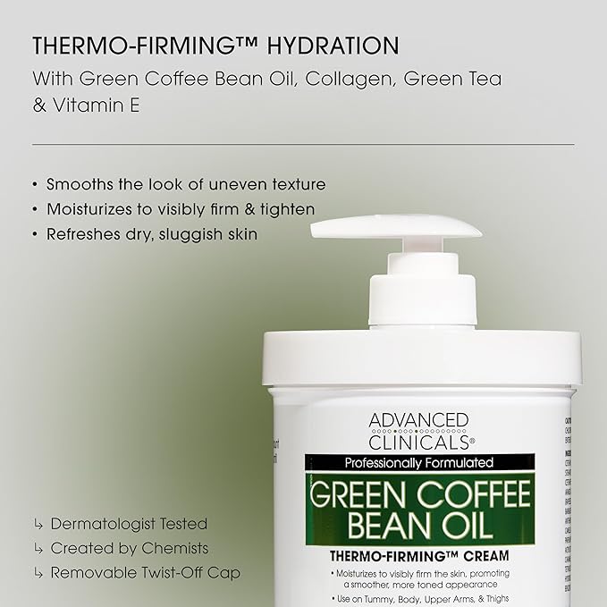 Advanced Clinicals Unscented Collagen Body Cream & Face Moisturizer + Green Coffee Bean Oil Thermo - Firming Body Cream For Women & Men Helps Reduce Appearance Of Cellulite Prone Skin & Dry Skin, 2pc
