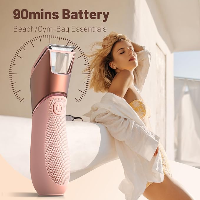 Bikini Trimmer for Women: Pubic Hair Razor with Mirror & LED Light, Electric Shaver with Ceramic Blades & Travel Lock - Body Groomer IPX7 Waterproof Use for Legs/Arm/Underarm
