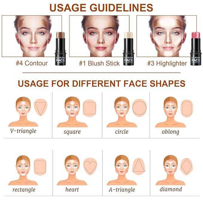 Lezero 3Pcs Contour Stick Makeup Kit, Shades with Highlighter, Blush and Bronzer Stick for Sculpt the Face and All Skin Type, Long Lasting, Smooth, Dewy & Matte Finish, LIGHT