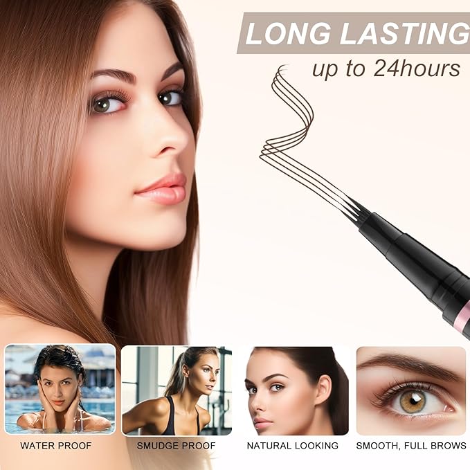 Eyebrow Pencil,2-in-1 Waterproof Eyebrow Pen with 4 Tip Brow Pen and Ultra-Precise Brow Pencil,with Dual-ended Eyebrow Brush,Eyebrow Makeup for Natural Looking Eyebrows - Dark Brown