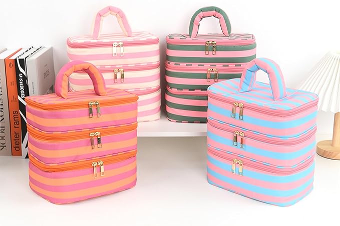 Three Layer Makeup Bag for Women Fashion Stripes Cosmetic Bag Preppy Style Travel Water-Resistant Toiletry Bag for Storage Toiletries Cosmetics Sets for Women Teen Girls Purple