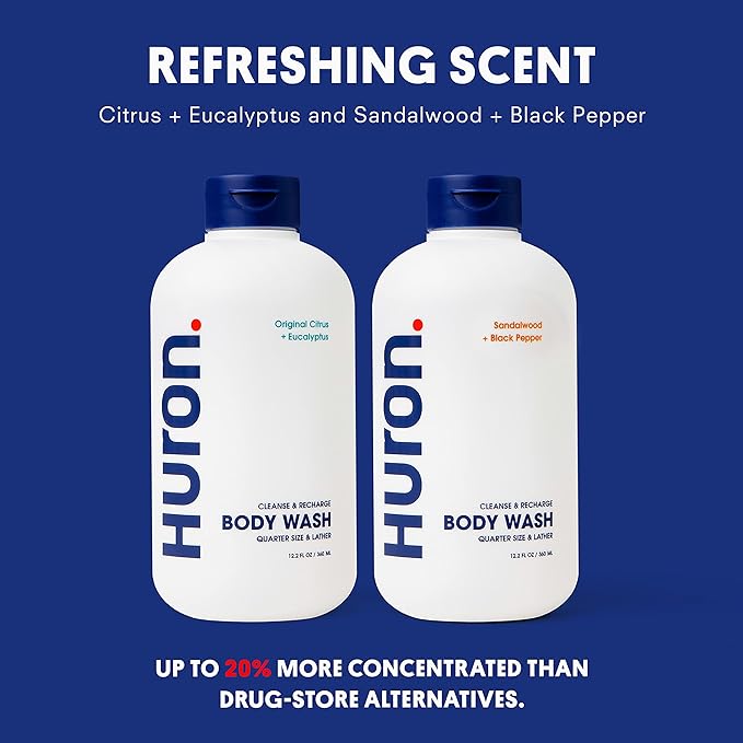 Huron Men’s Moisturizing Body Wash – Crisp & Invigorating Scent of Citrus, Eucalyptus, Mint, & Aromatic Greens - Made With Coconut Oil, Vitamin E & Witch Hazel – Vegan, Cruelty-Free - 12.2 fl oz