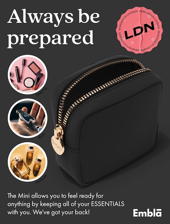 Embla Makeup Bag Travel Cosmetics Pouch and Toiletry Bag, Nylon Zipper Pouch Purse, Cute Make Up Organizer Storage Tote for Women Girls, Waterproof Travel Skincare Case, Small Makeup Bags, Black