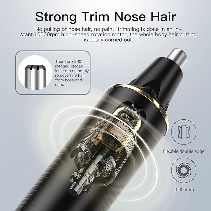 Nose Hair Trimmers for Men，Rechargeable Hair Trimmer 2 in 1 Painless Multifunctional Ear and Nose Hair Trimmer with IPX7 Waterproof Dual Edge Blades (Black)