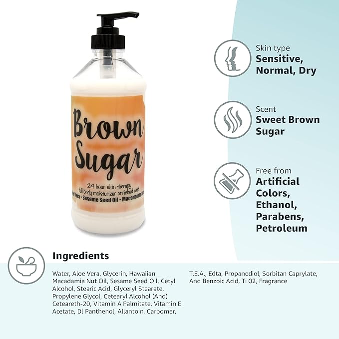 The Lotion Company 24 Hour Skin Therapy Lotion, Brown Sugar Gourmand Scent, Full Body Moisturizer with Aloe Vera, Paraben Free, Non-Greasy, Made in USA, 16 oz