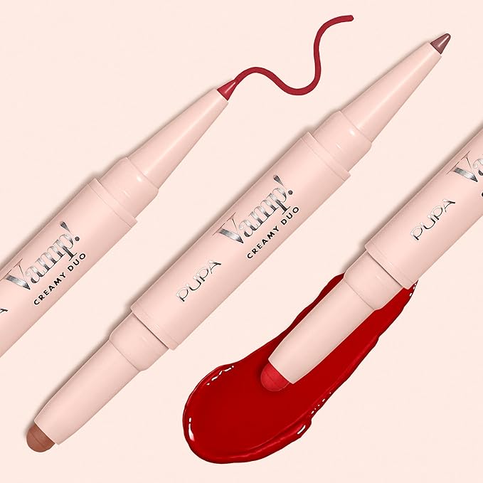 Pupa Milano Vamp! Creamy Duo, 011 Orange Red, 1 Pc - 2 in 1 Lipstick and Lip Pencil - Long Lasting - Lightweight - No-Transfer - Smooth Texture - Highly Pigmented