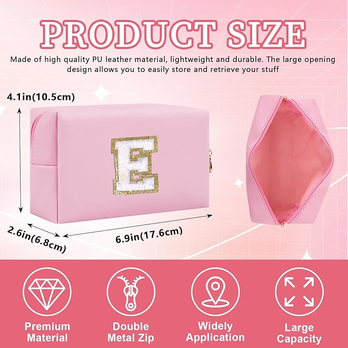 Personalized Initial Letter Patch Makeup Bag, Preppy Portable Chenille Cosmetic Bag with Zipper, PU Leather Waterproof Travel Toiletry Bag Monogram Make Up Pouch for Women Girls