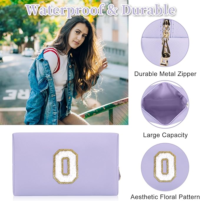Personalized Initial Letter Patch Makeup Bag, Preppy Small Chenille Letter Cosmetic Bag with Zipper, PU Leather Waterproof Travel Toiletry Bag Monogram Make Up Pouch for Women Girls(Letter O)
