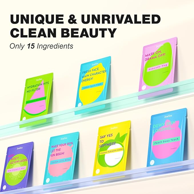 ZealSea Clean Beauty Face Masks Skincare, Minimalism 15 Ingredients Sheet Mask, Dopamine Color Design Facial Mask, Sleepover & Slumber Spa Party Supplies, Women Teen Girl Gifts Trendy Stuff, 14 Pack