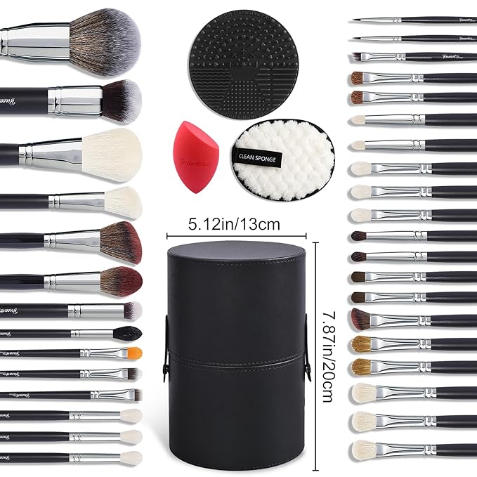 Bueart Design Pro makeup Artist 34Pcs Deluxe Real Goat Hair Horse hair Makeup Brushes Set with extra Large Holder High End Professional labeled makeup brush set with natural Pony Hair