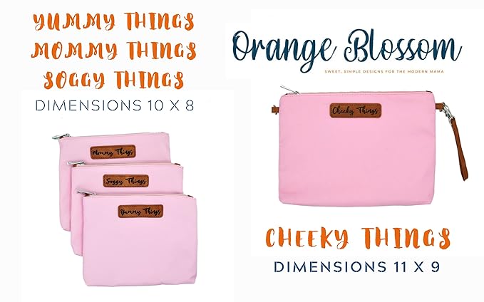 Stylish Diaper Bag Organizing Pouches - XL Set of 4 Pink Canvas Diaper Bag Pouches with Leather Embossed Labels, Leather Wristlet Strap & Durable Metal Zippers
