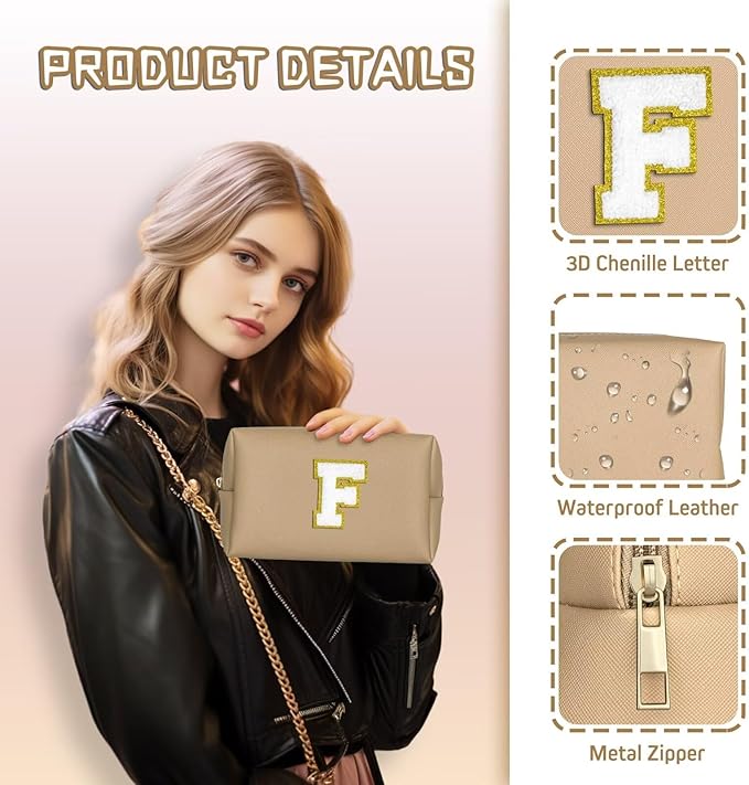 TOPEAST Personalized Makeup Bag, Chenille Letter Pouch Cosmetic Bag w Zipper, PU Leather Waterproof Toiletry Bag, Bridal Shower Gifts for Bridesmaids, Cute Stuff for Girls (Khaki P)